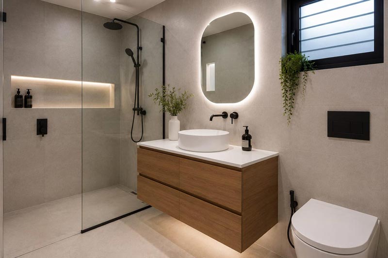 Completed bathroom renovation with timber vanity and backlit mirror